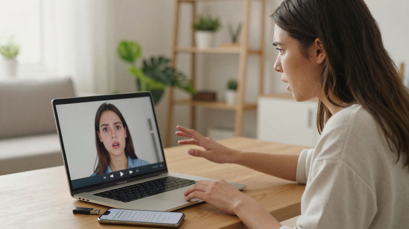 Mulher frente a computador portátil numa videochamada, sentada à mesa numa sala iluminada.