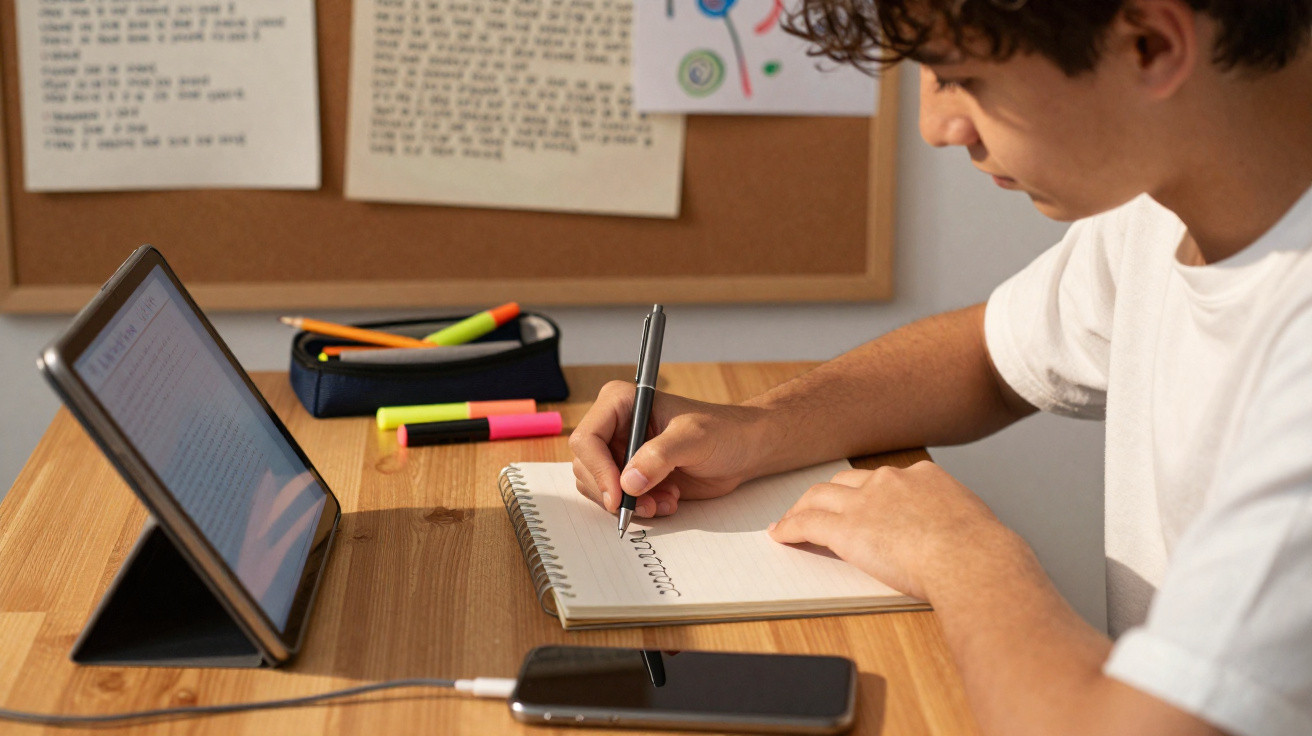 Jovem a escrever num caderno com caneta, junto a um tablet, marcador de texto e telemóvel numa secretária.