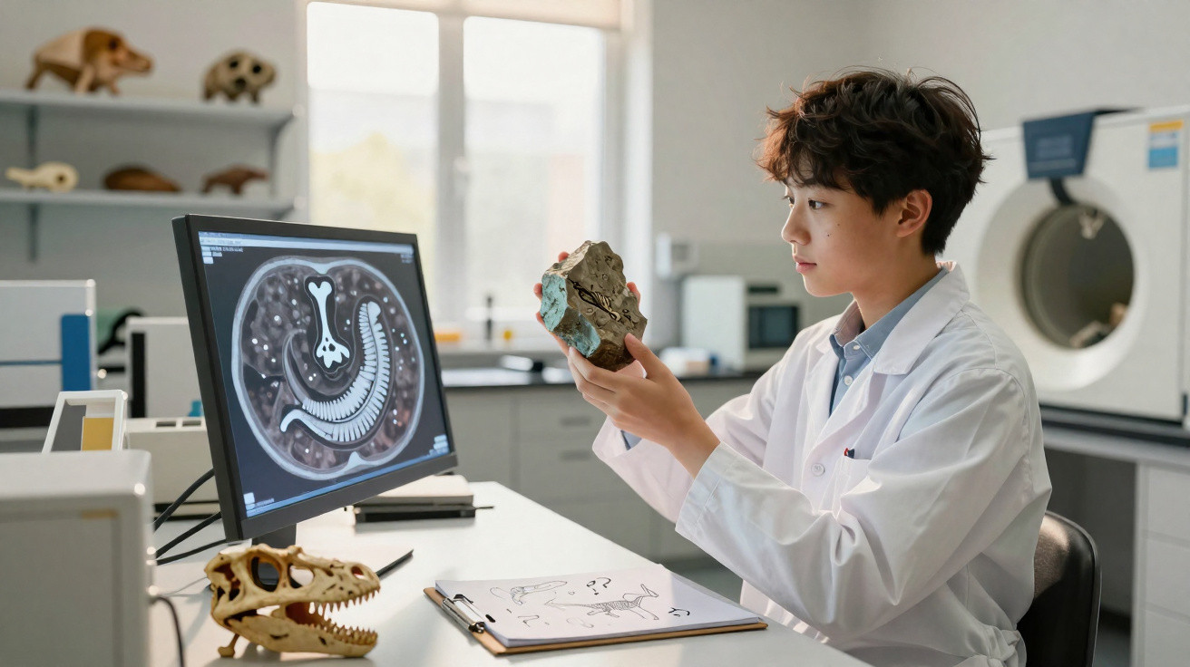 Cientista em bata branca analisa fóssil e imagem de radiografia em laboratório de paleontologia.
