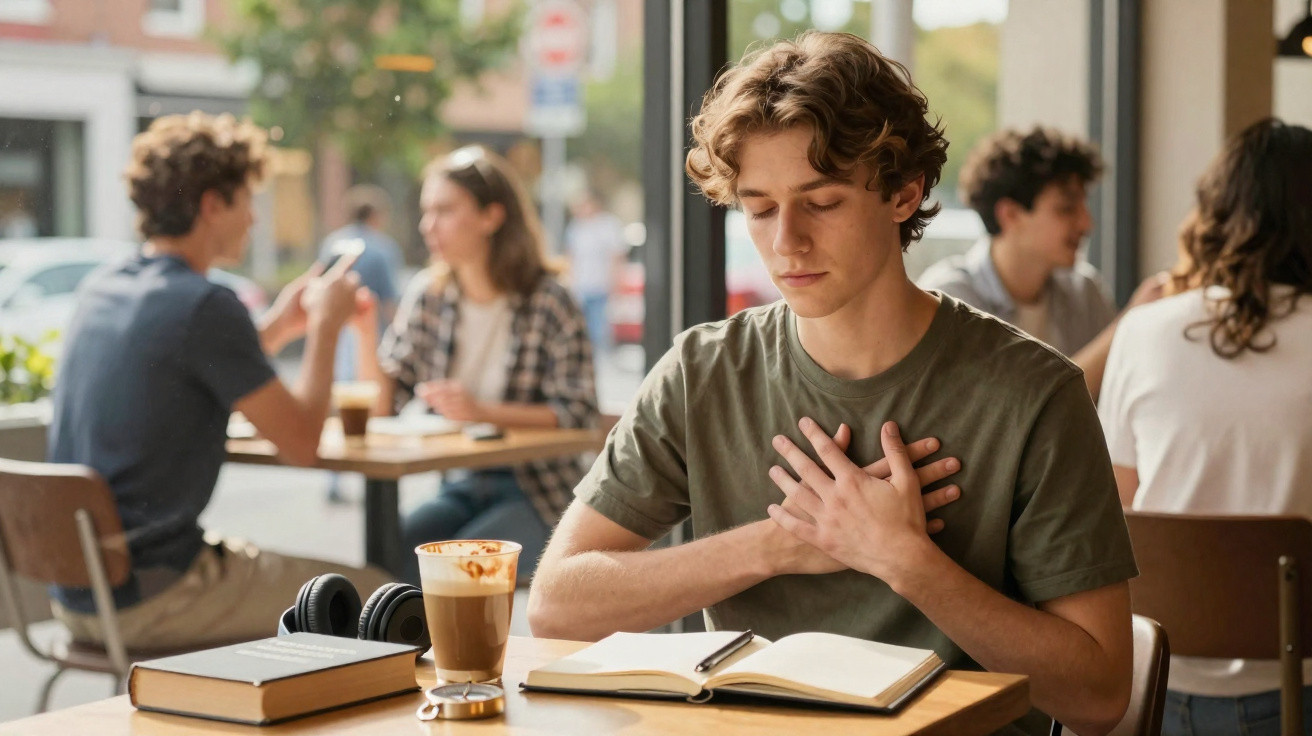 Jovem sentado num café com livro aberto, mãos no peito, concentrado, com bebida e livros na mesa.
