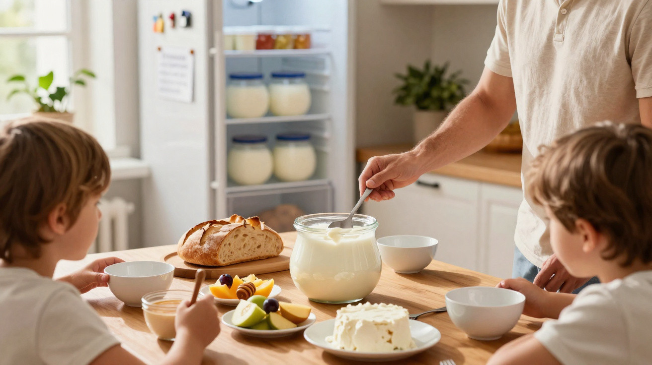 Pai serve iogurte numa sala de jantar moderna com duas crianças sentadas à mesa com frutas e pão.