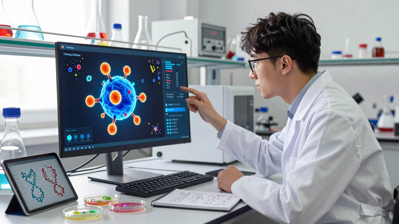Cientista em laboratório analisando imagem digital de vírus num ecrã de computador.