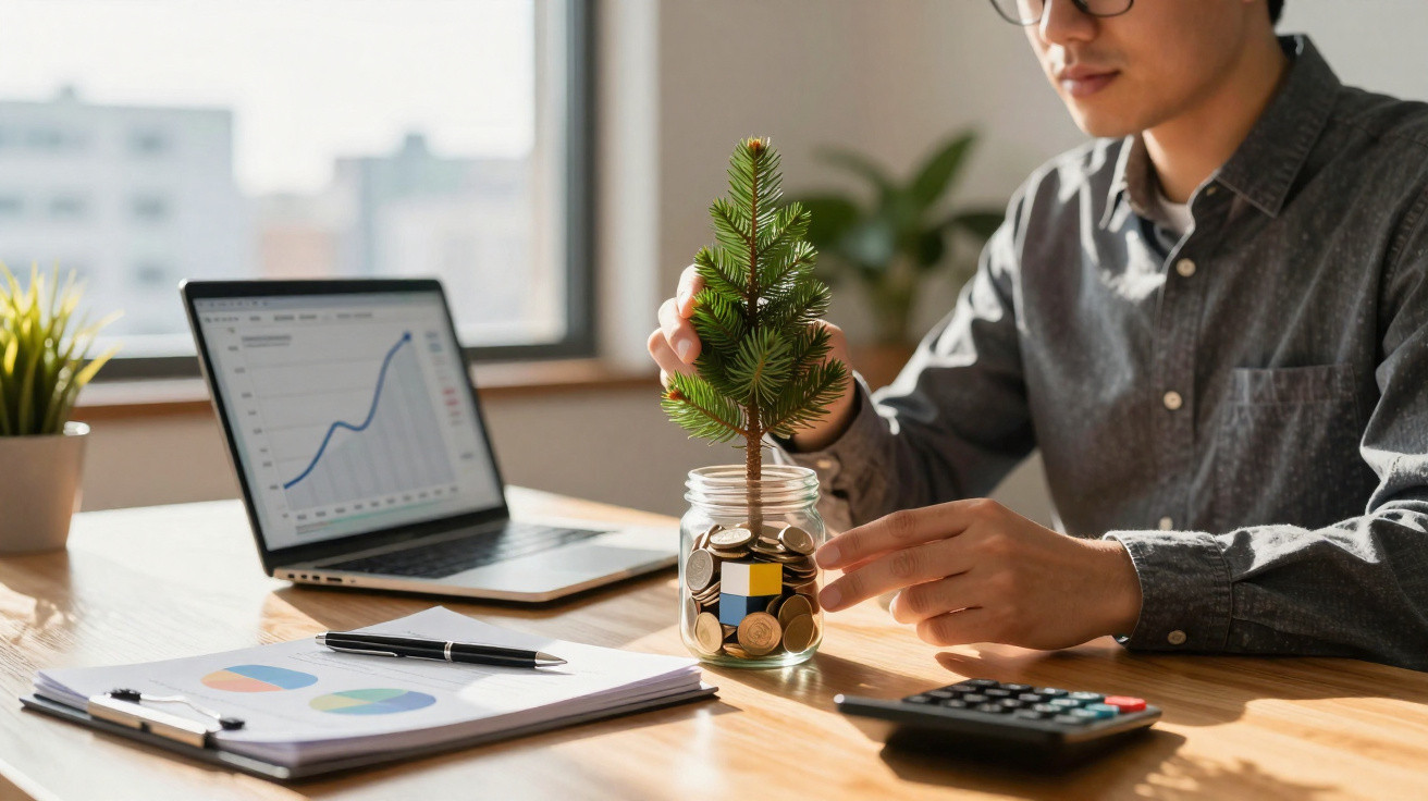 Pessoa a colocar árvore artificial numa caveira com moedas em mesa com computador, gráficos e calculadora.
