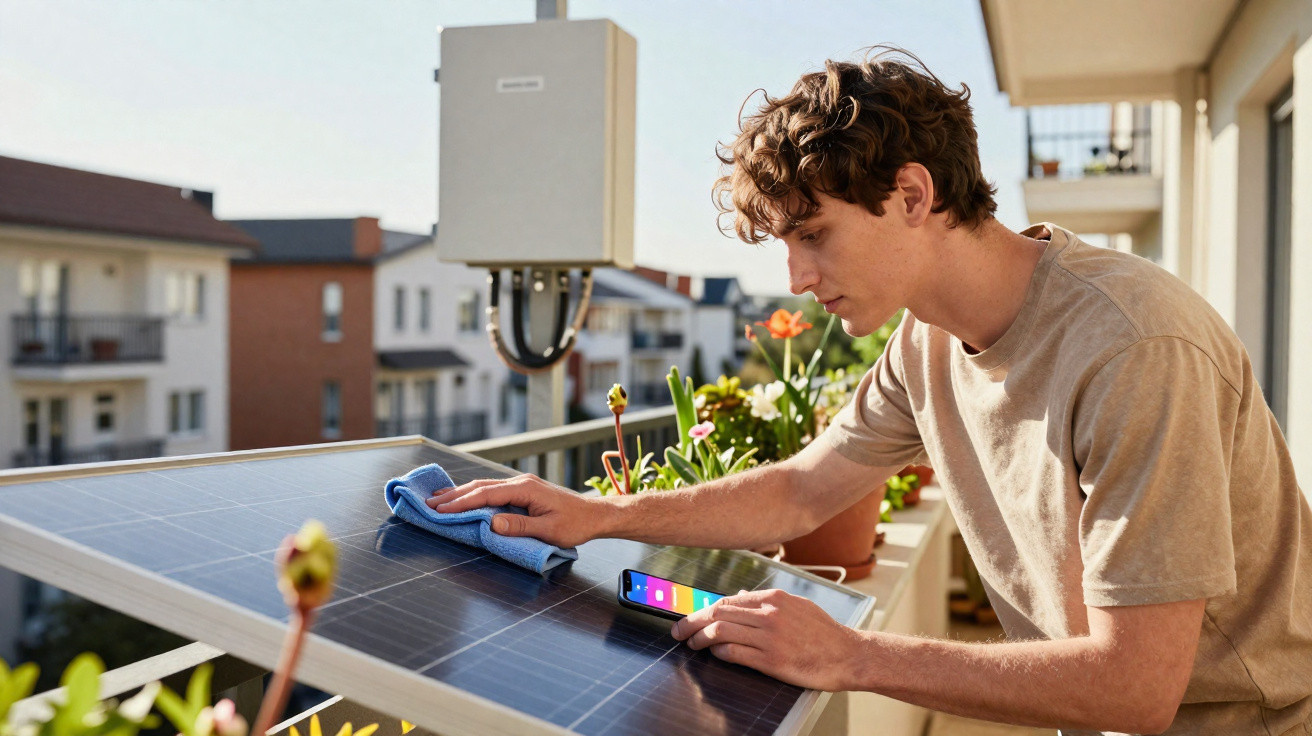 Jovem limpa painéis solares no terraço de um prédio urbano com smartphone ao lado.