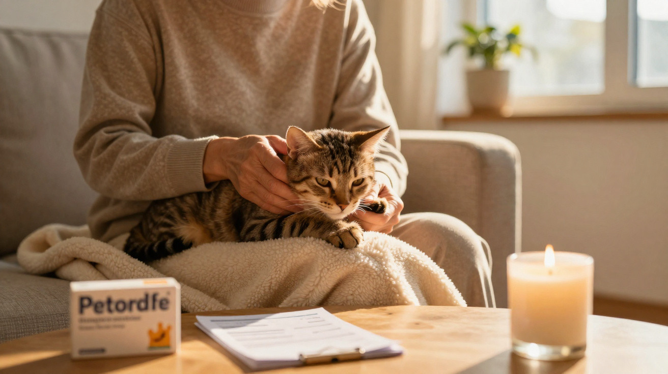 Pessoa a tratar de um gato sentado no colo, com medicamento e vela numa mesa à frente, luz natural.