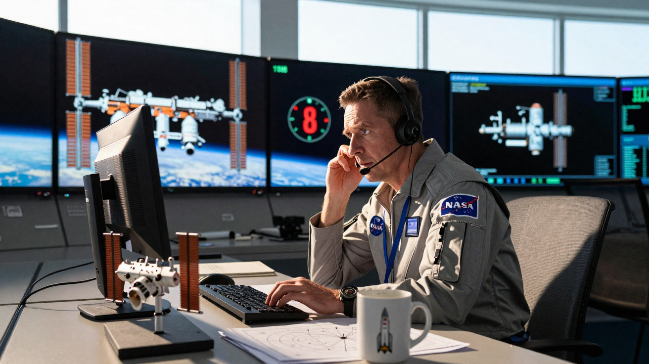 Homem com farda da NASA usa auscultadores enquanto trabalha em computador com imagens da Estação Espacial Internacional.
