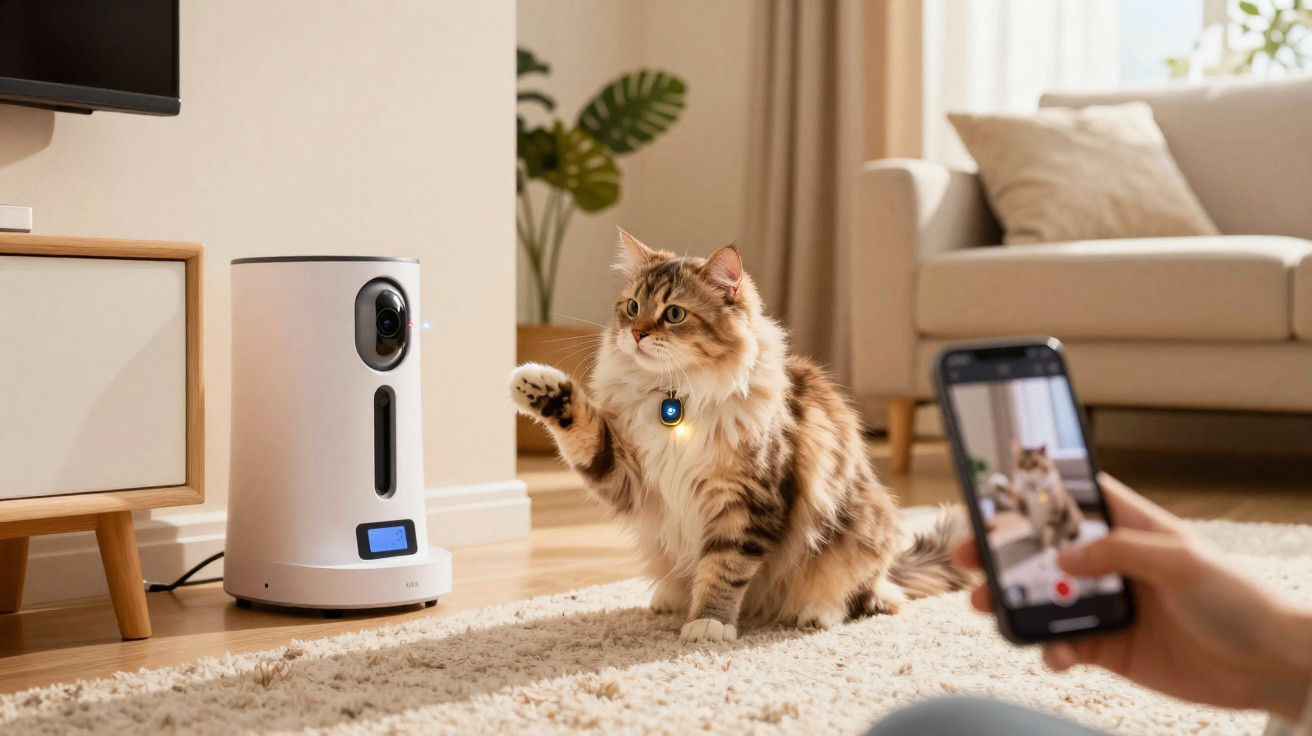 Gato com coleira a interagir com dispositivo tecnológico enquanto é filmado por telemóvel numa sala de estar.