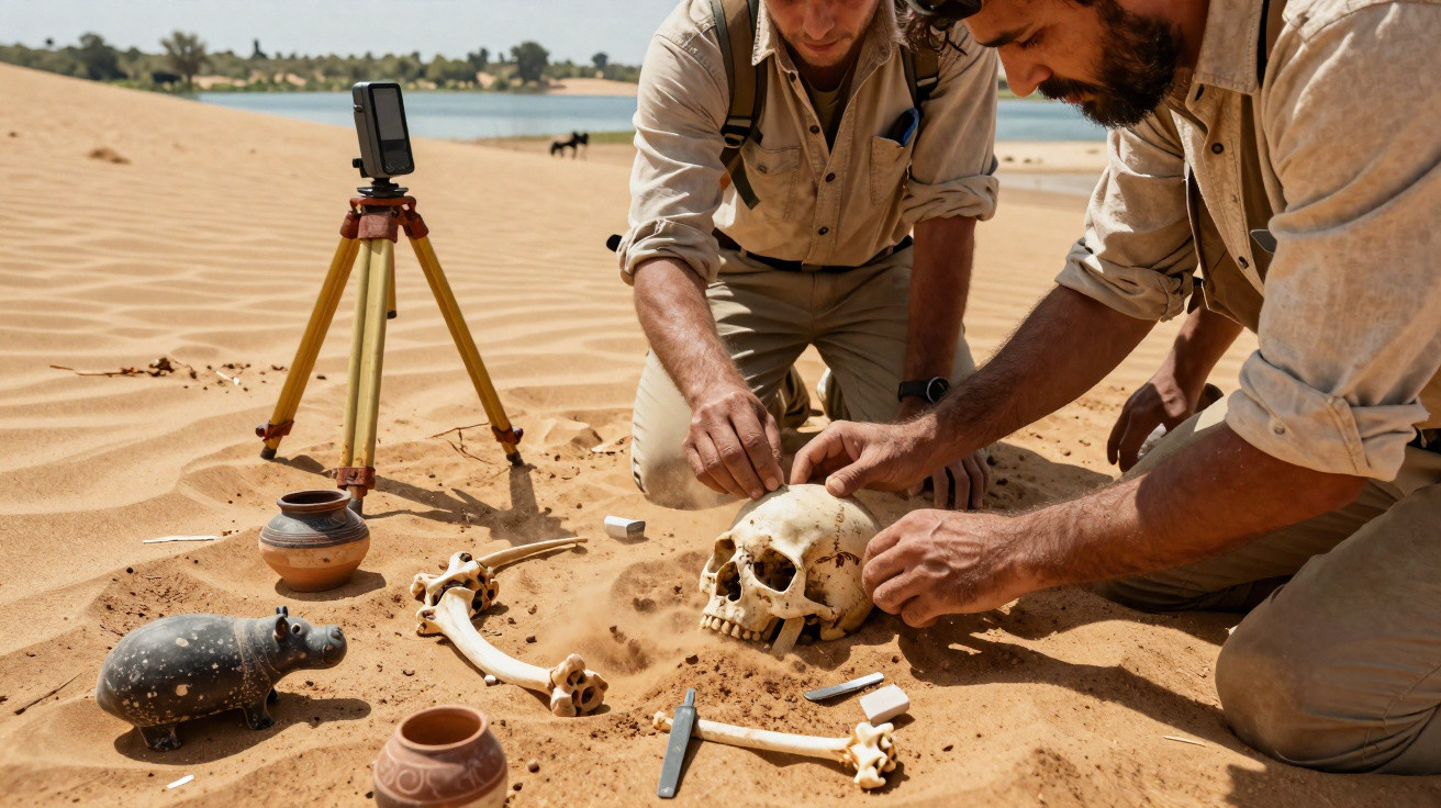 Dois arqueólogos escavam um crânio e ossos humanos no deserto junto a artefactos antigos.