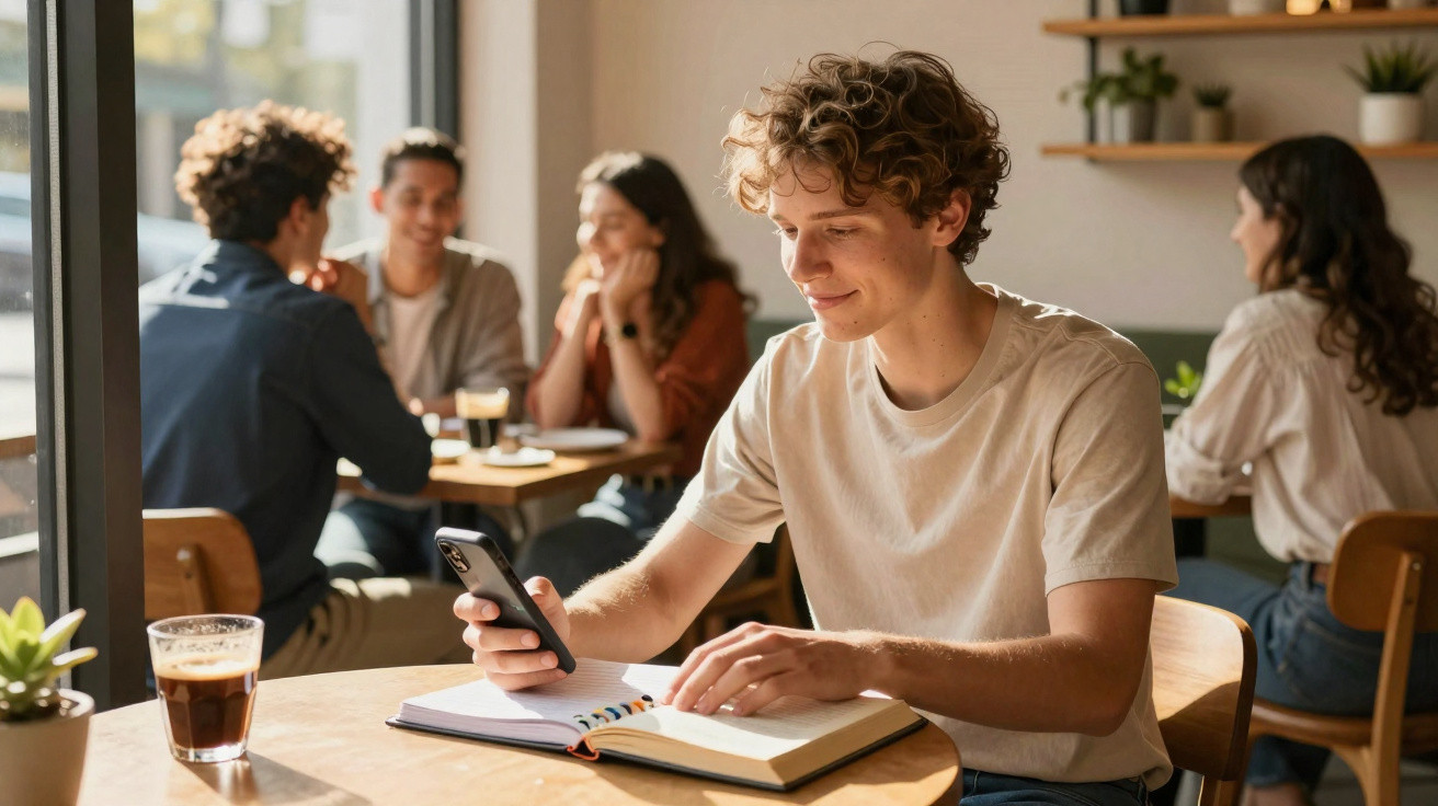 Jovem sentado numa mesa de café com caderno aberto, a usar telemóvel, com outras pessoas ao fundo.