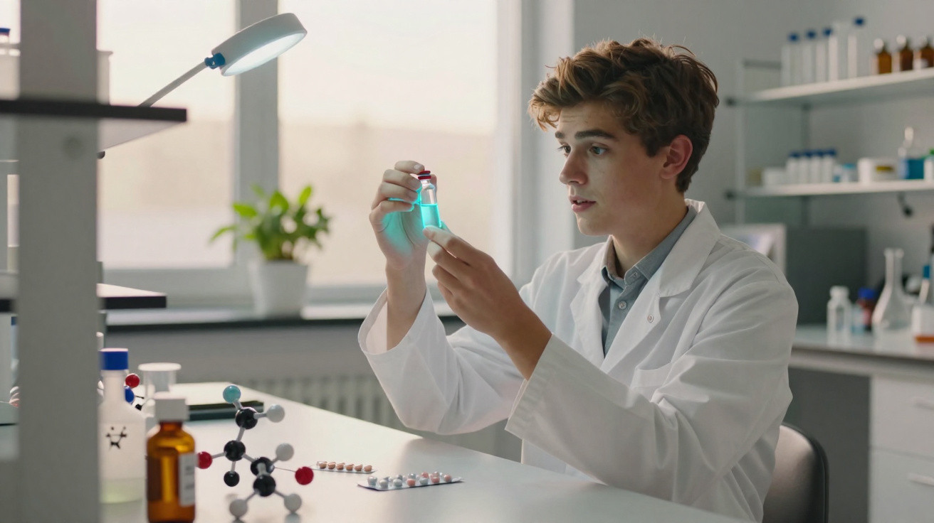 Cientista jovem a observar um frasco com líquido azul num laboratório moderno e organizado.