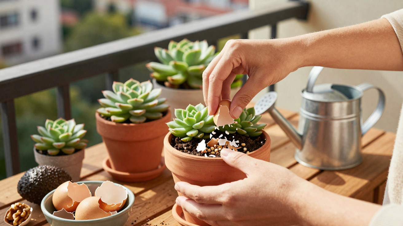 Mãos a adicionar casca de ovo partida à terra de um vaso com suculentas num terraço ensolarado.