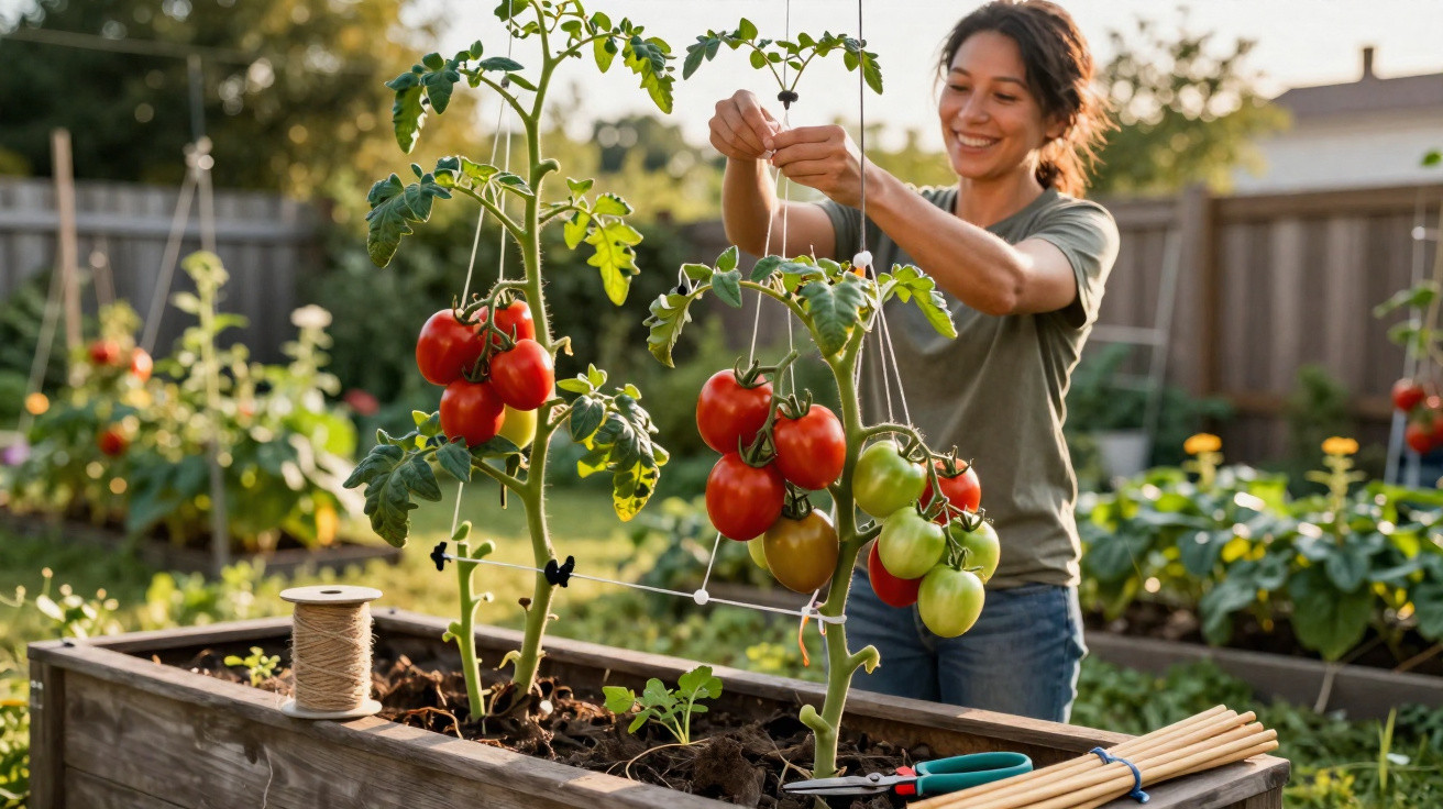 Mulher a apoiar plantas de tomateiro com tomates maduros num canteiro elevado num jardim.