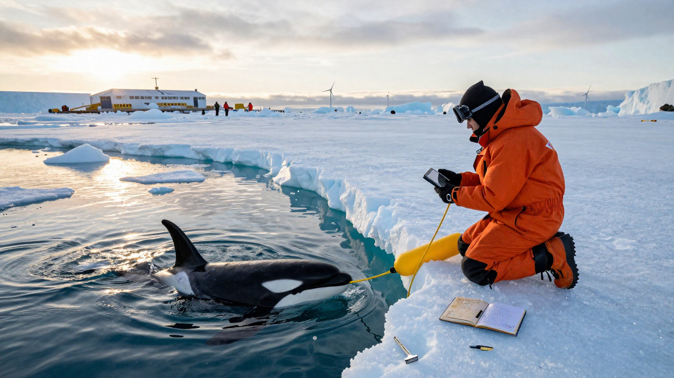 Investigador em roupa laranja interage com orca junto ao gelo numa estação polar.