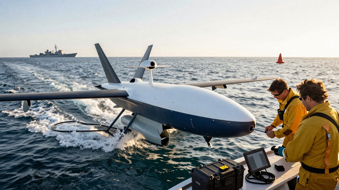Dois técnicos preparam drone naval próximo a navio militar ao largo no mar durante o dia.