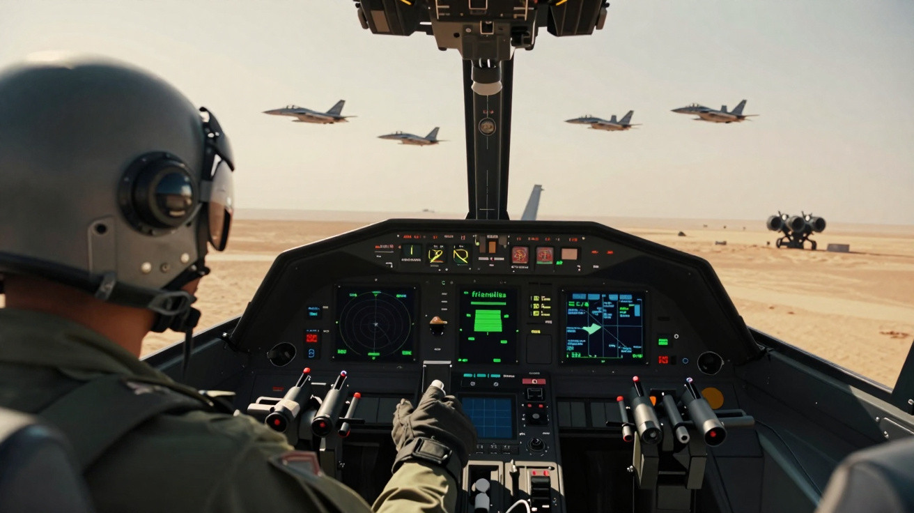 Piloto em capacete no cockpit de caça com quatro aviões voando sobre deserto ao fundo.