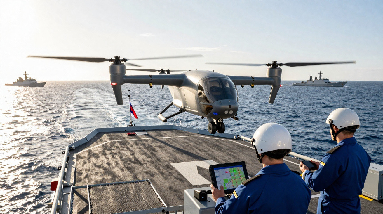 Drone cinzento militar prestes a aterrar em navio de guerra com dois operadores em farda azul e capacetes brancos.