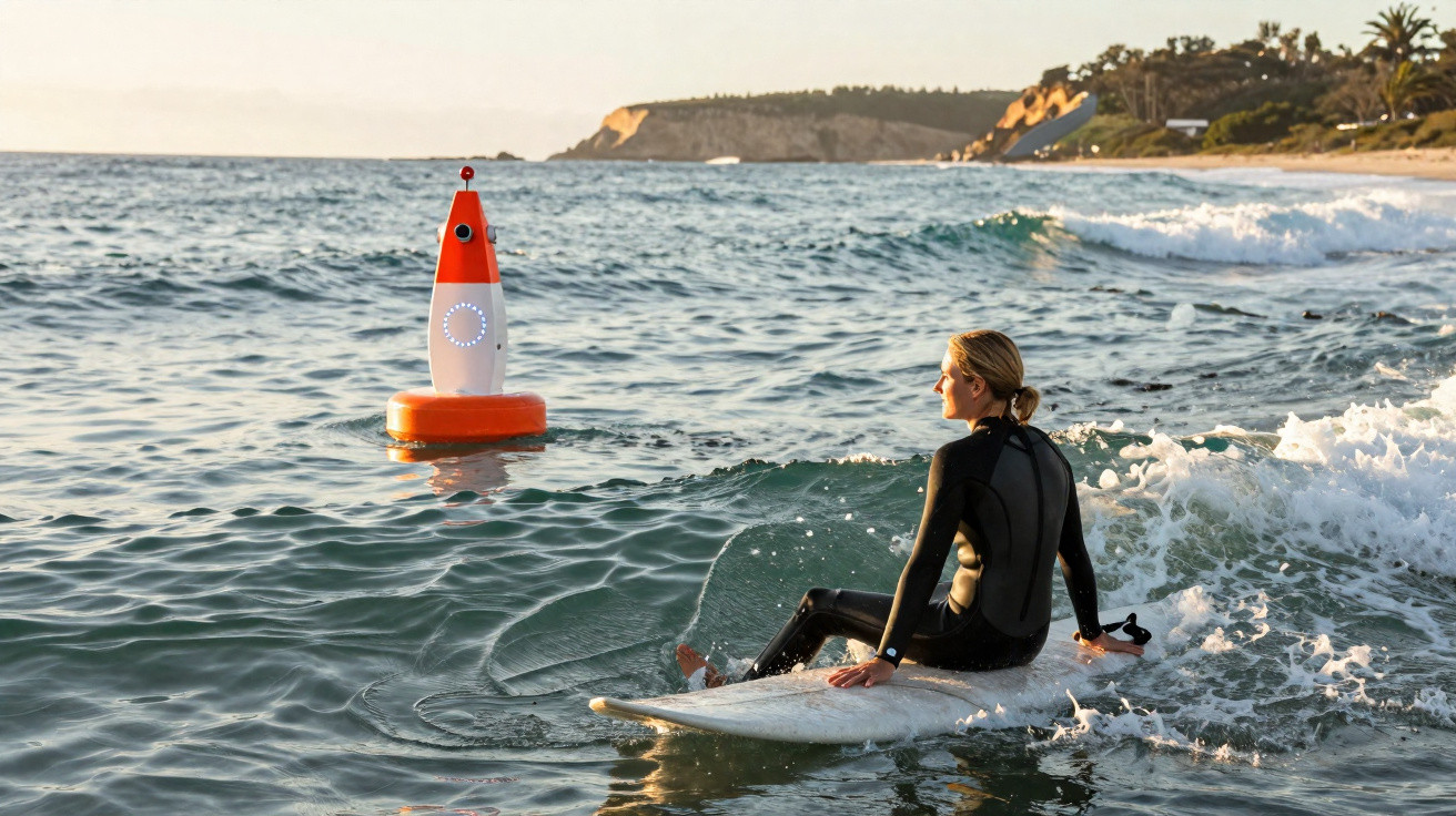 Mulher de fato de surf sentada numa prancha junto a uma bóia laranja no mar ao pôr do sol.