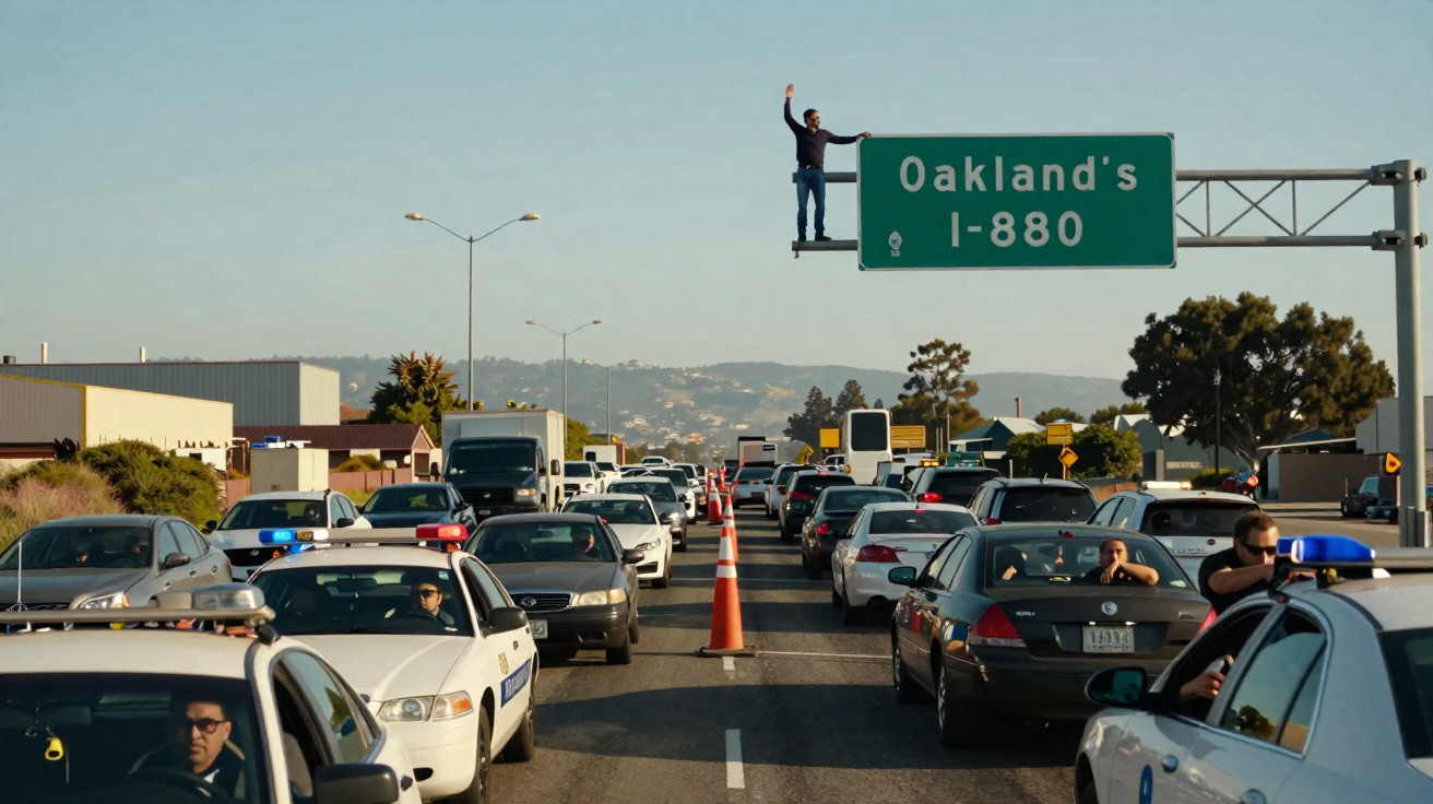 Homem em cima de placa de estrada com trânsito congestionado e carros da polícia na autoestrada I-880 em Oakland.