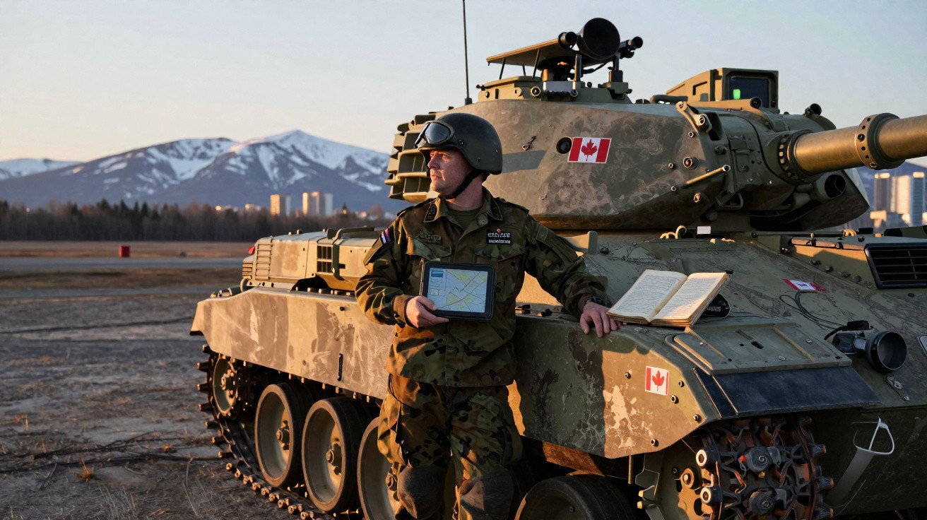 Soldado canadiano em uniforme e capacete, segurando tablet e apoiado em veículo militar blindado com bandeiras do Canadá.