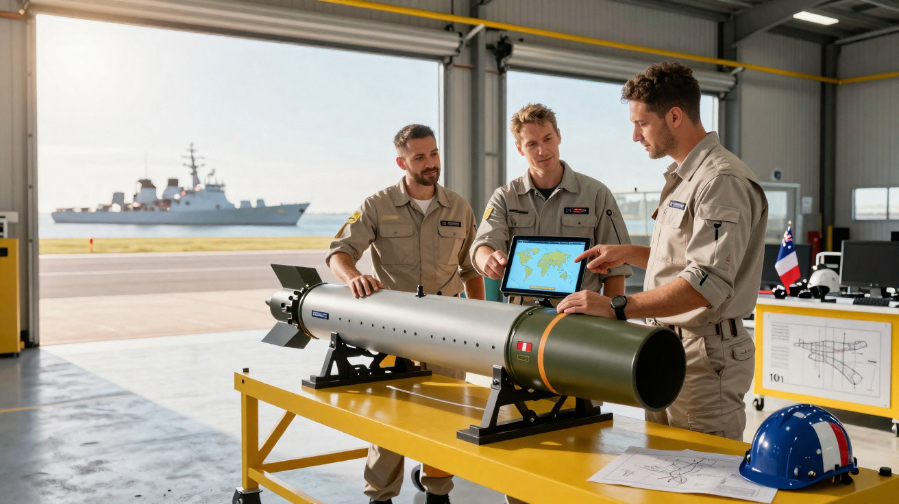 Três militares analisam míssil sobre bancada numa base aérea com navio de guerra ao fundo.