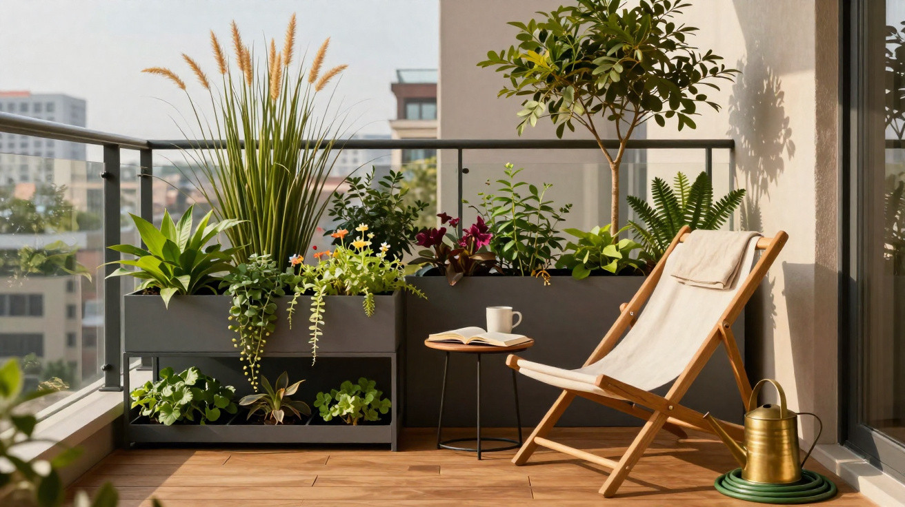 Varanda com cadeira de madeira, mesa pequena, diversas plantas e regador junto a parede de vidro.