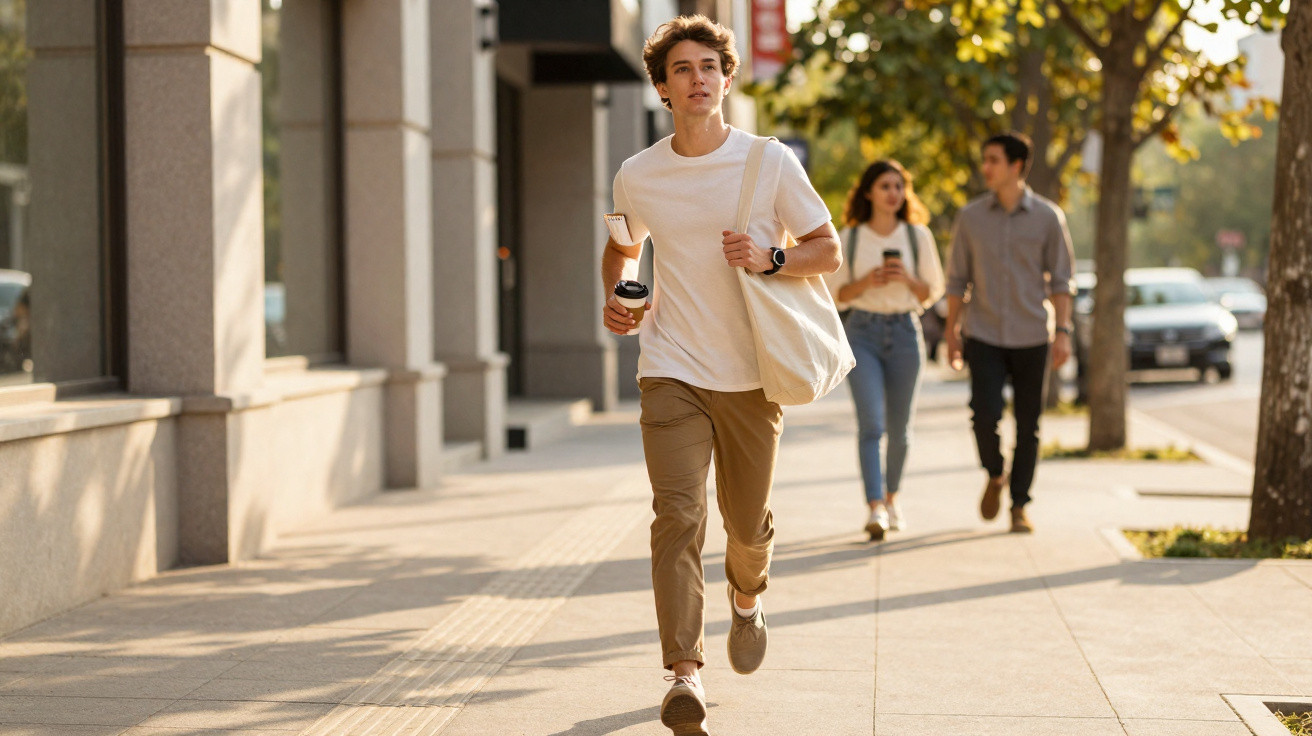 Jovem vestido casualmente a correr numa calçada urbana com duas pessoas a caminhar ao fundo.