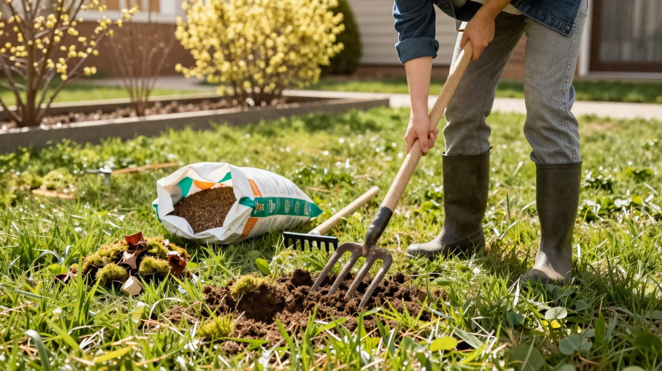 Pessoa com botas a revolver terra num jardim com ancinhos e saco de fertilizante no chão.
