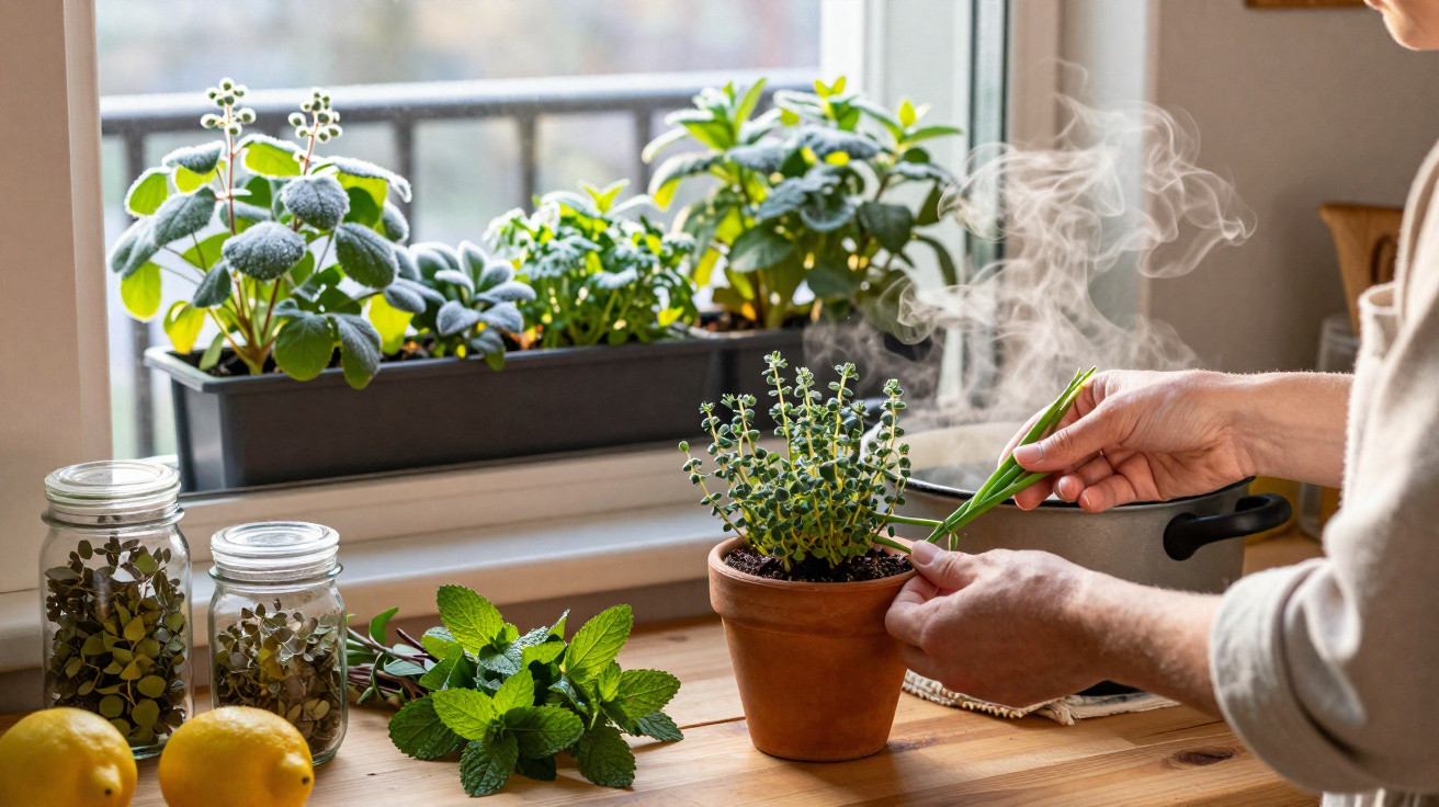 Pessoa cuidando de plantas aromáticas numa cozinha com vapores de panela ao fundo.