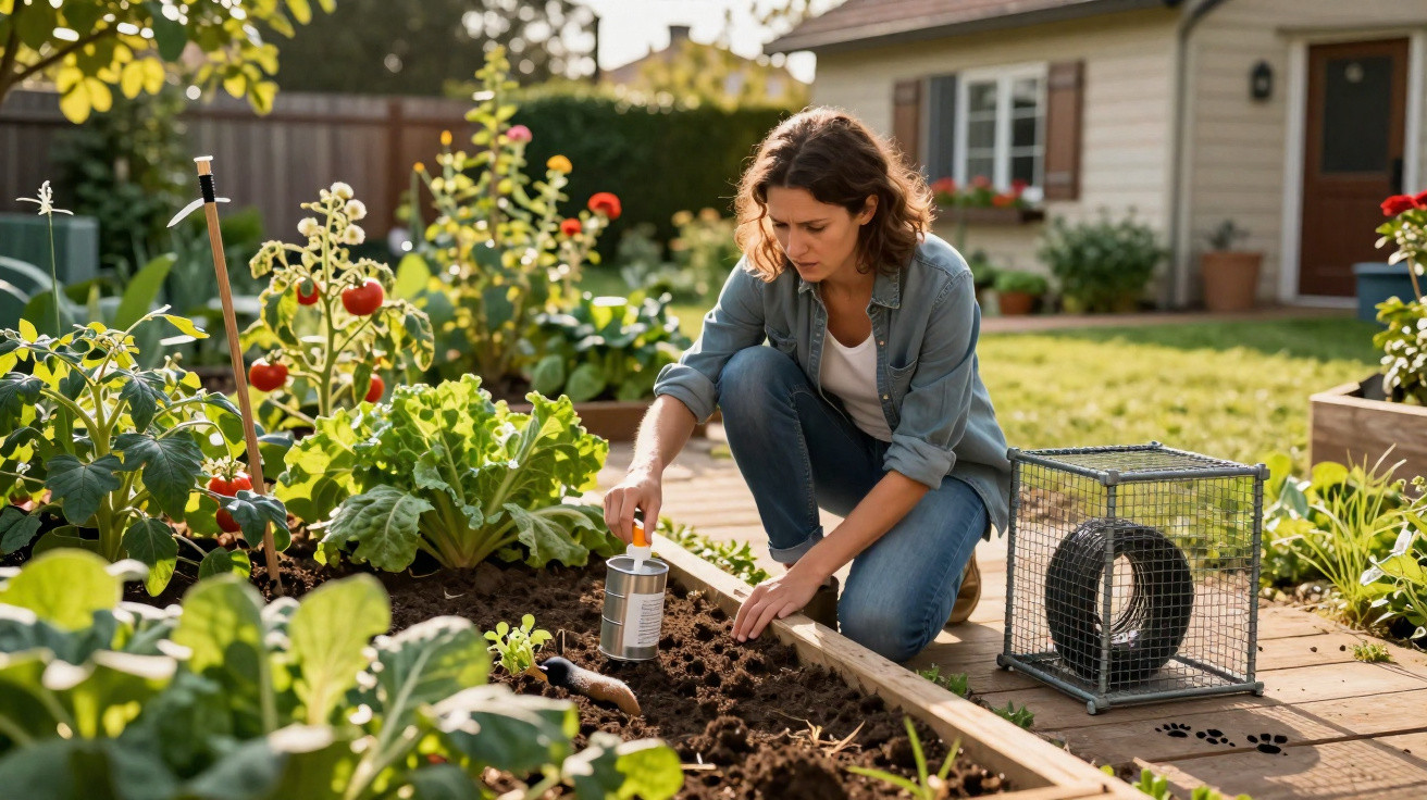 Mulher a cuidar de um jardim com plantas e tomateiros num canteiro elevado perto de uma casa.