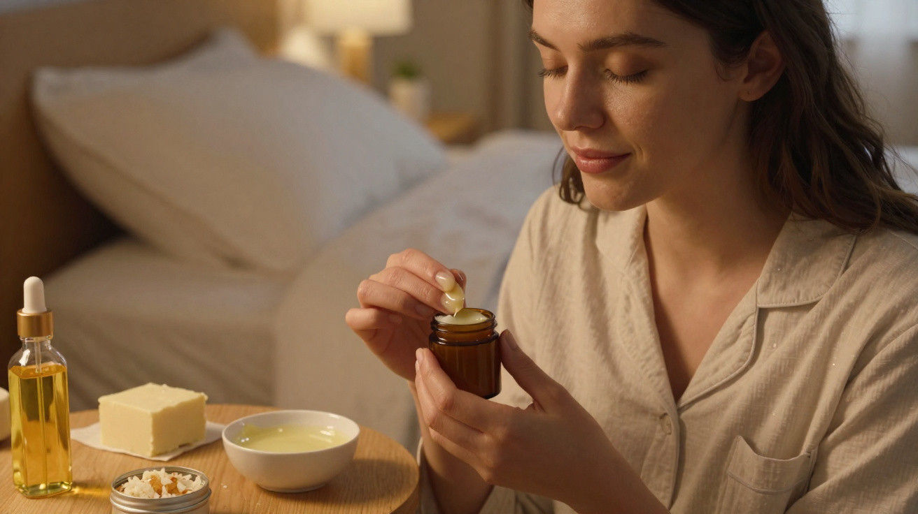 Mulher a aplicar creme no rosto numa sala acolhedora com produtos de beleza na mesa ao lado.