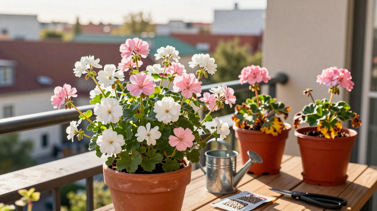 Vasos de flores cor-de-rosa e brancas num varandas com regador, tesoura e pacotes de sementes.