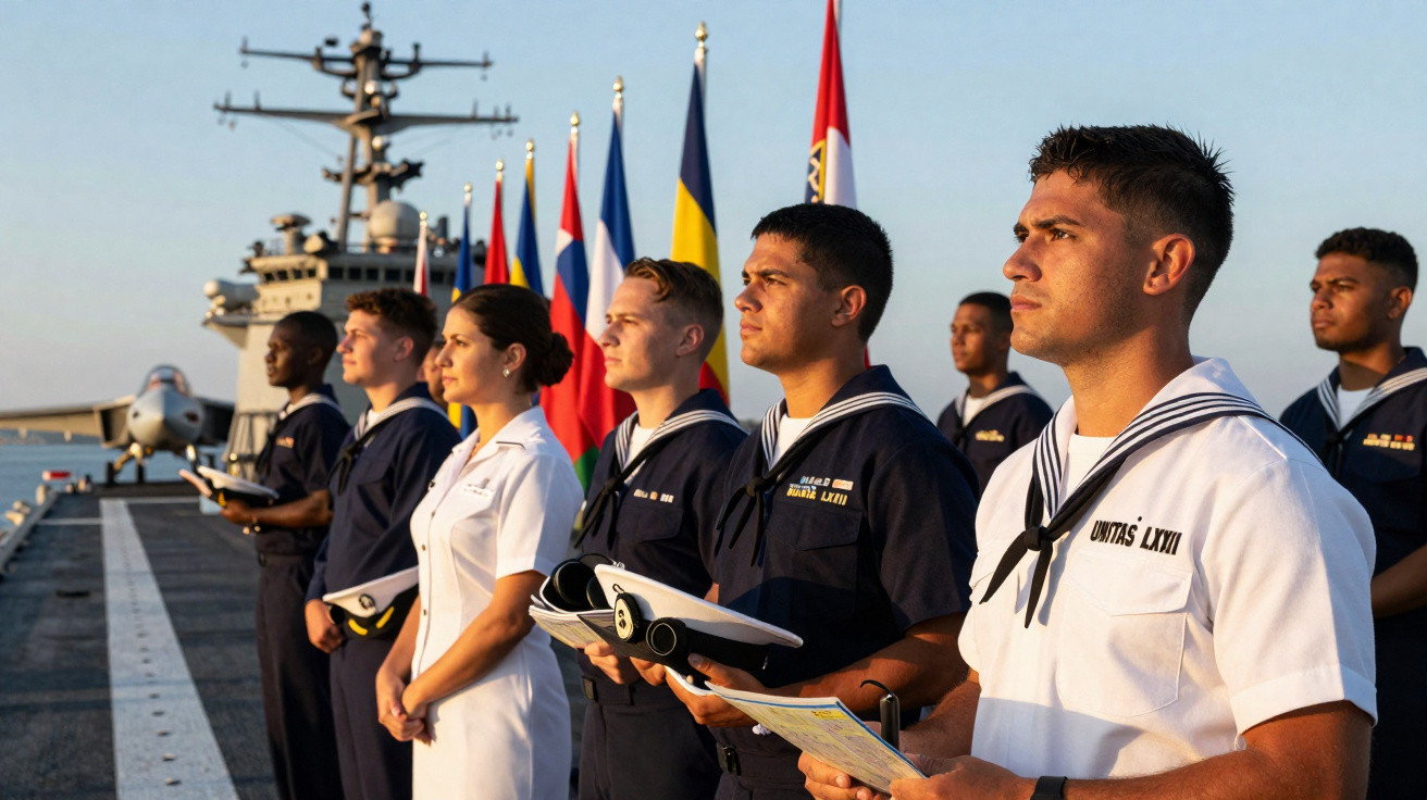 Marinheiros em uniforme alinhados num porta-aviões com bandeiras de vários países ao fundo ao pôr do sol.