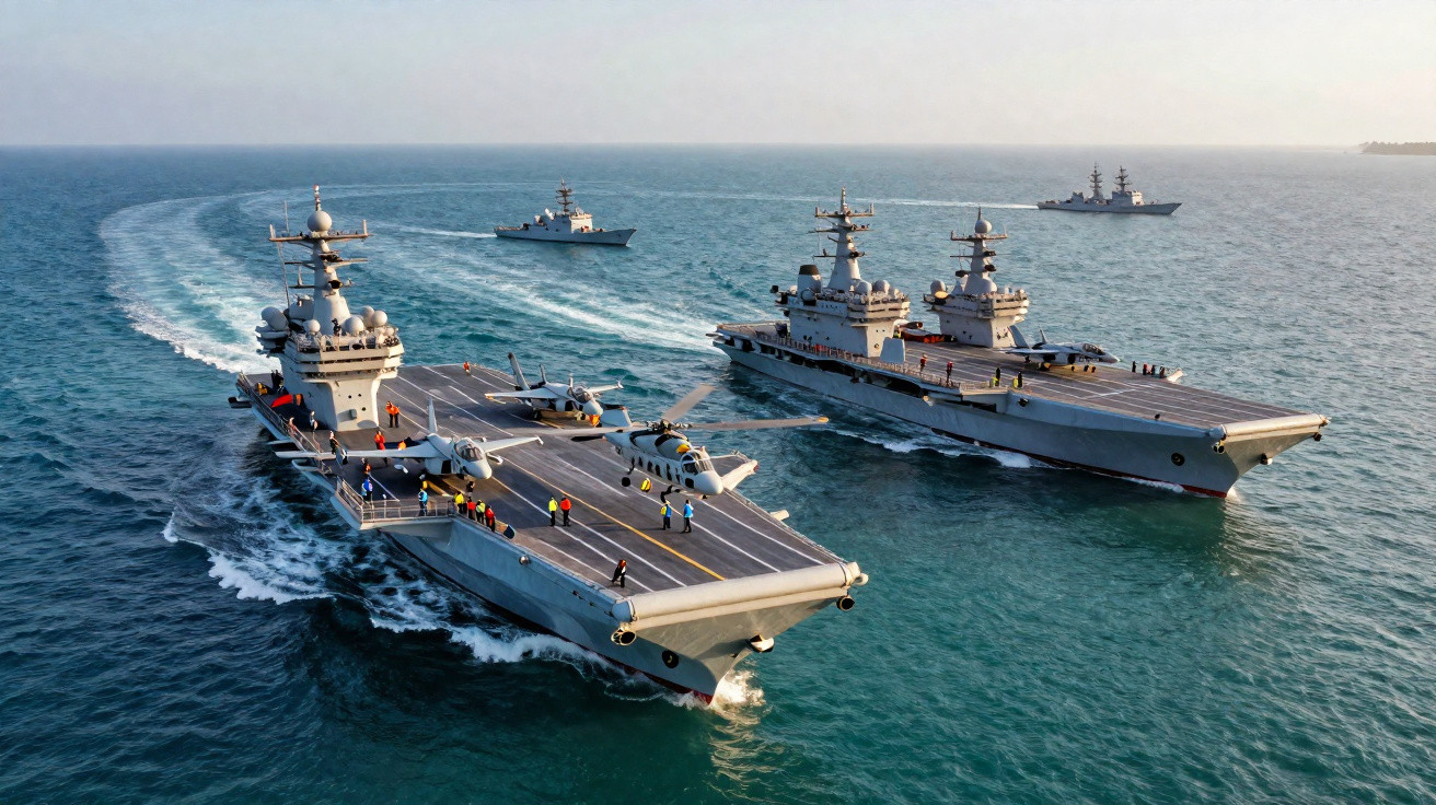 Dois porta-aviões em mar aberto com tripulação e helicópteros no convés, acompanhados por outros navios militares.