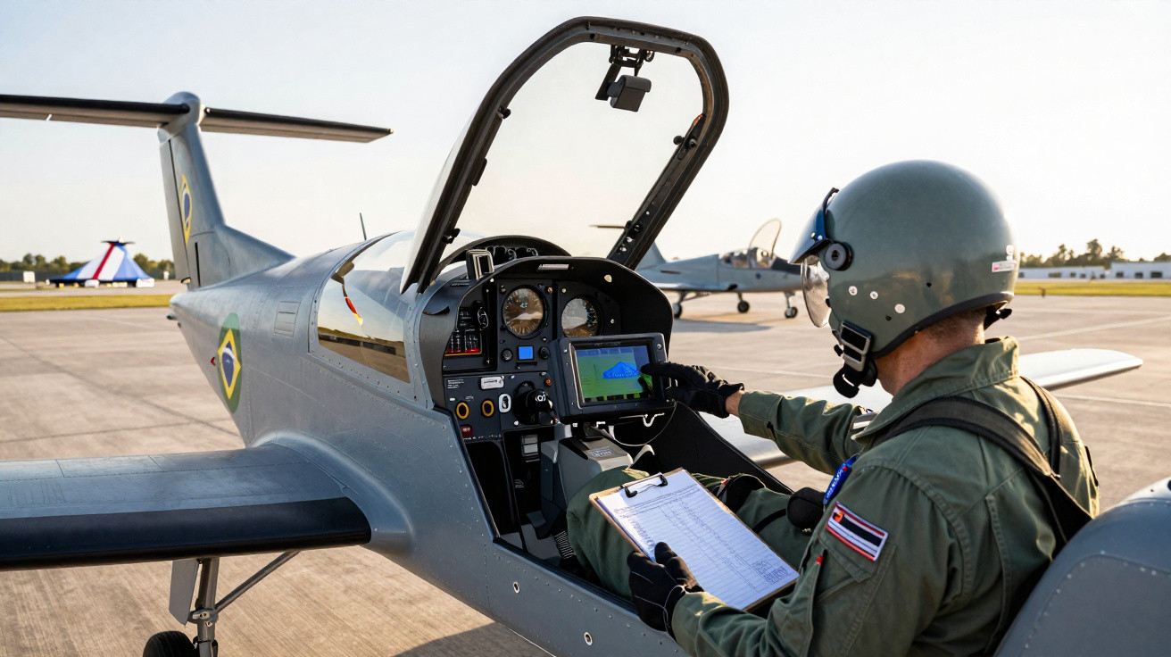 Piloto militar com fato e capacete verifica instrumentos num avião de treino no solo, com céu limpo ao fundo.