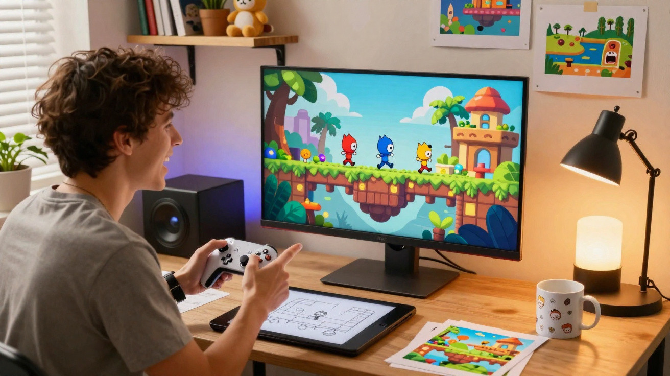 Jovem a jogar videojogo colorido num monitor com comando, mesa organizada com desenho e candeeiro ligado.