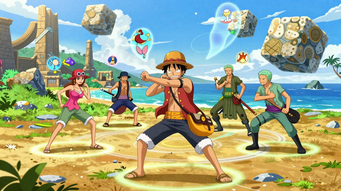Personagens de anime em pose de batalha numa praia com blocos flutuantes e ícones coloridos no céu.