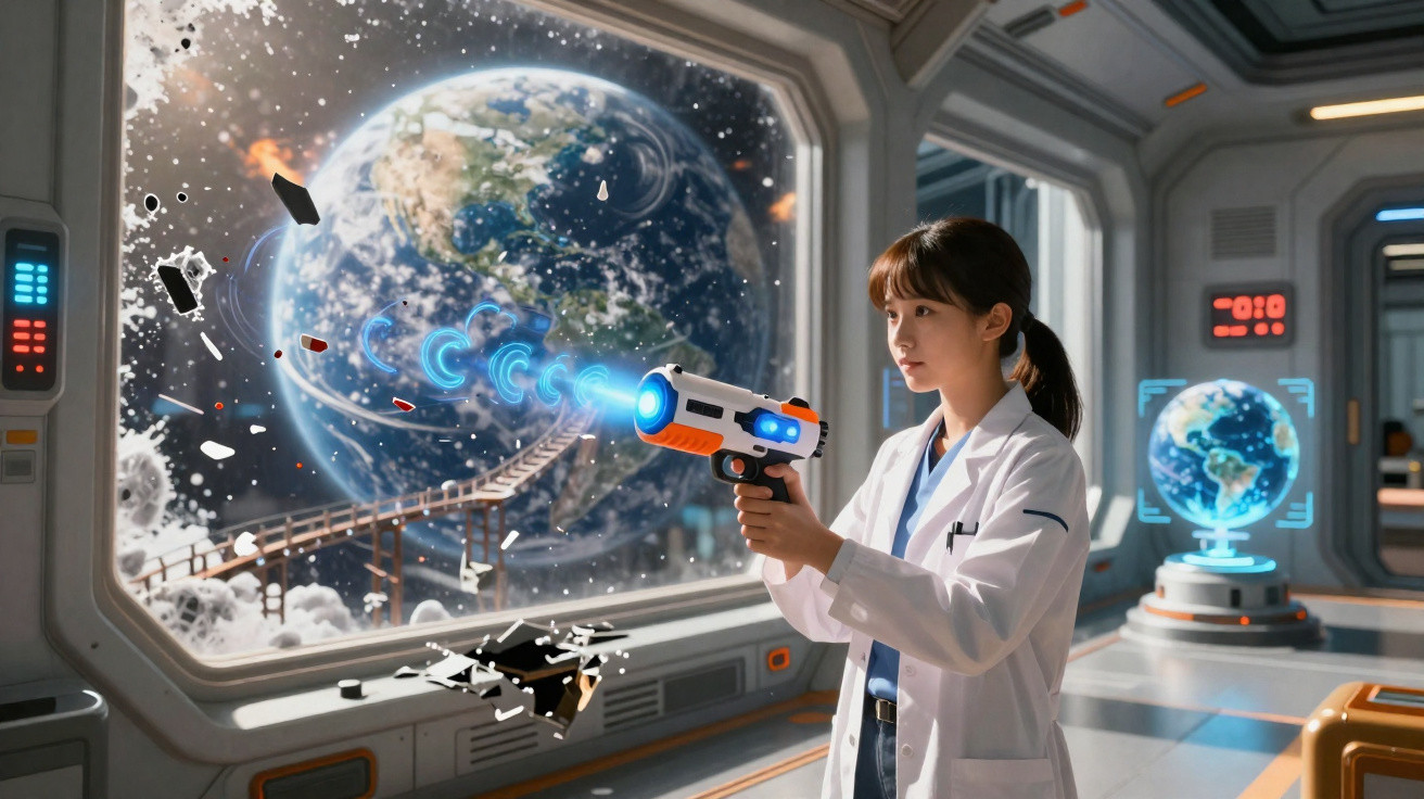 Mulher em laboratório futurista aponta arma de energia para janela com vista para Terra e destroços espaciais.
