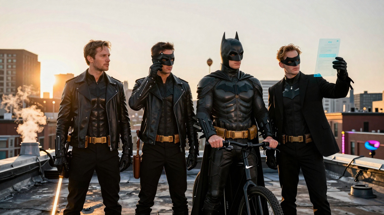 Quatro homens em roupa preta de super-heróis, incluindo Batman, na cobertura de um prédio ao pôr do sol.