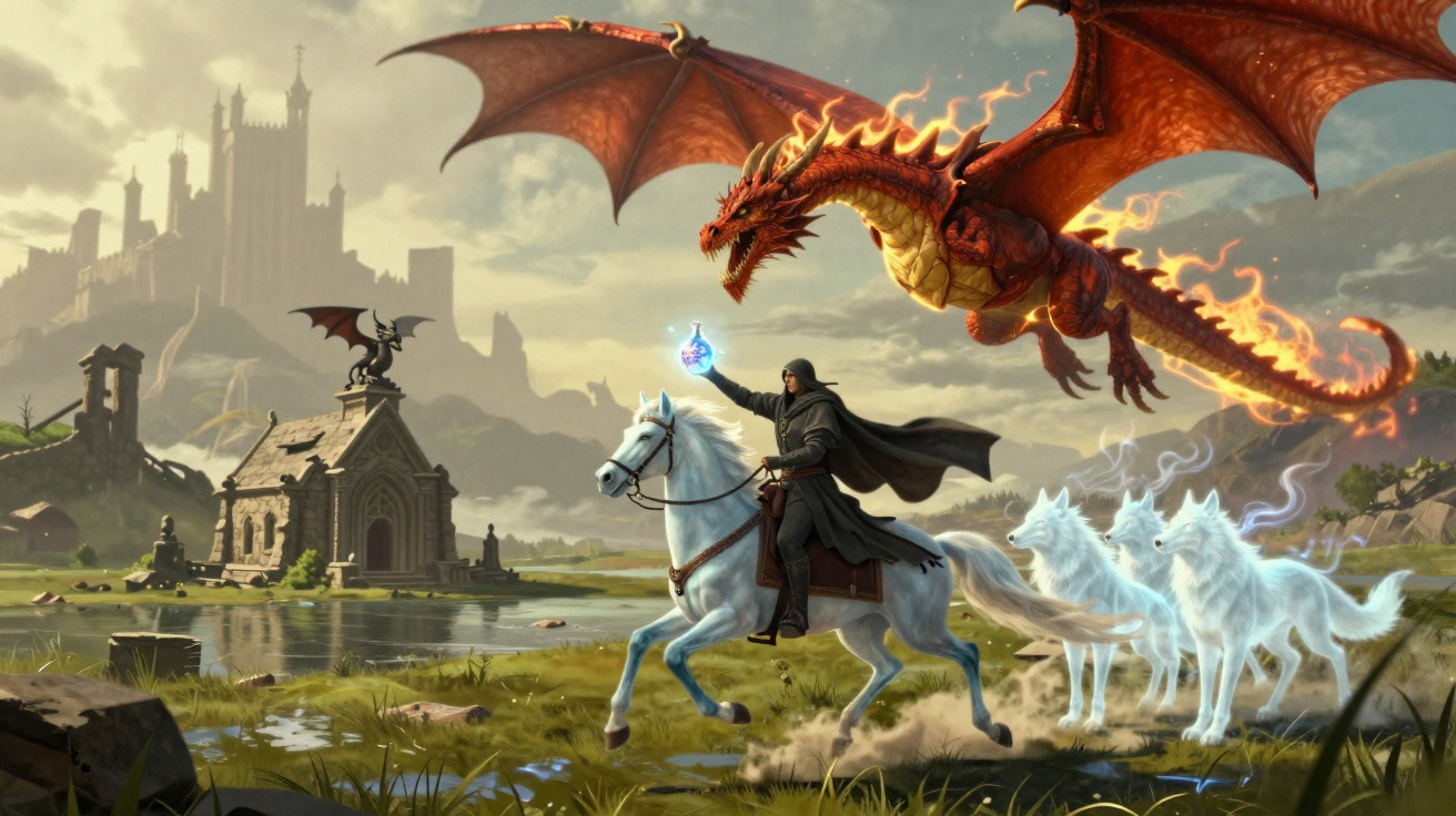 Cavaleiro com capa negra montado a cavalo branco com poção na mão, dragão vermelho flamejante e lobos fantasmas ao lado.