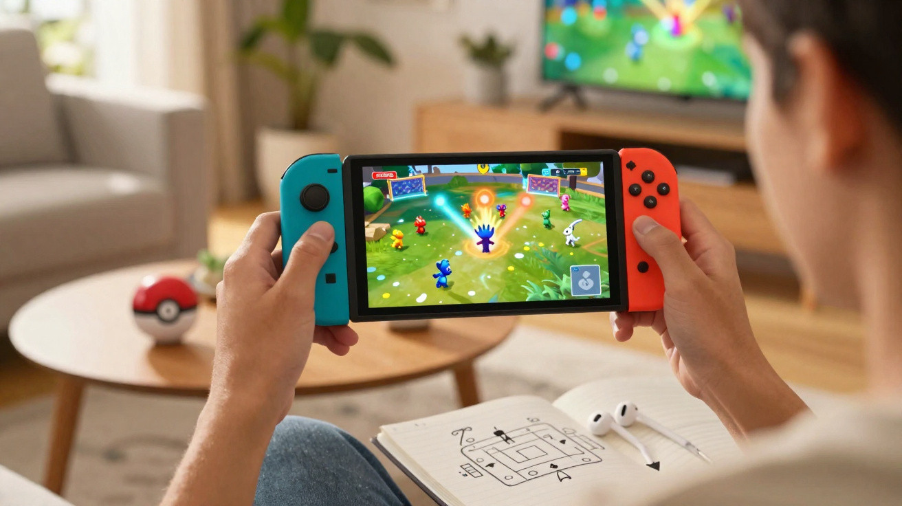 Pessoa a jogar videojogo colorido numa consola portátil num ambiente doméstico relaxante.