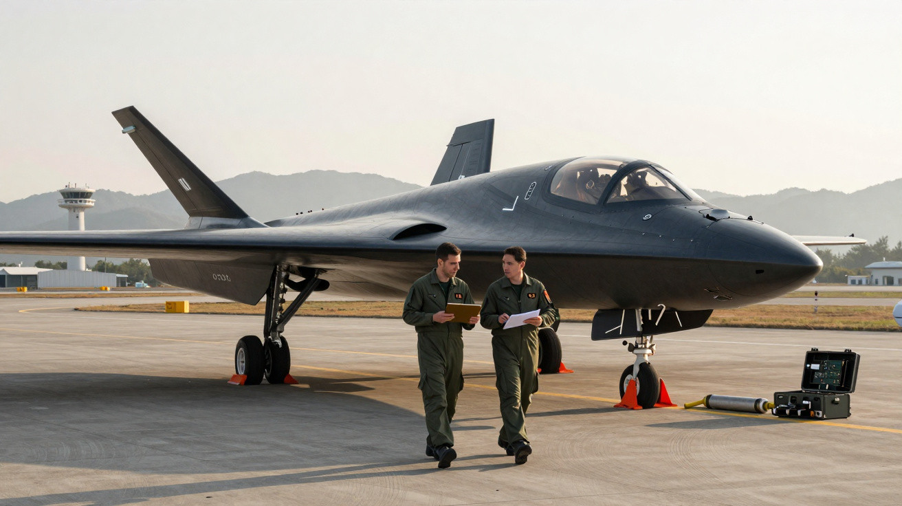 Dois pilotos militares a caminhar ao lado de um avião furtivo moderno numa base aérea.