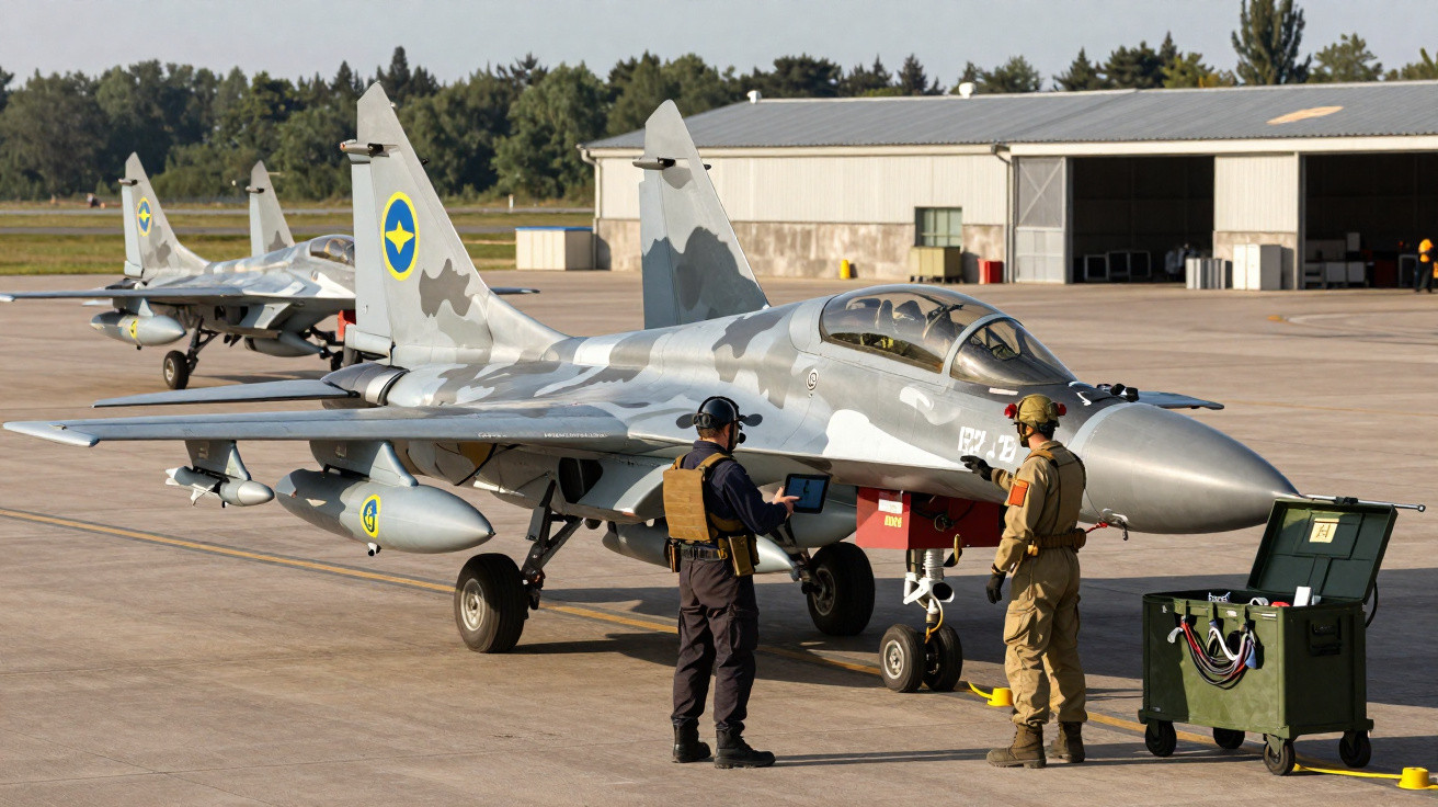 Dois militares junto a aviões de combate estacionados numa pista de um aeródromo com hangar ao fundo.