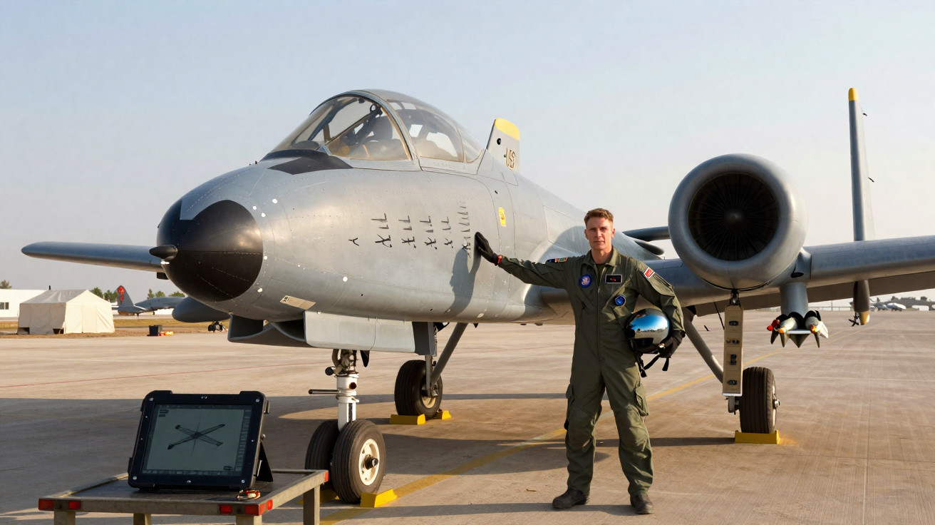Piloto militar em fato de voo junto a avião de combate estacionado numa pista de aeroporto.