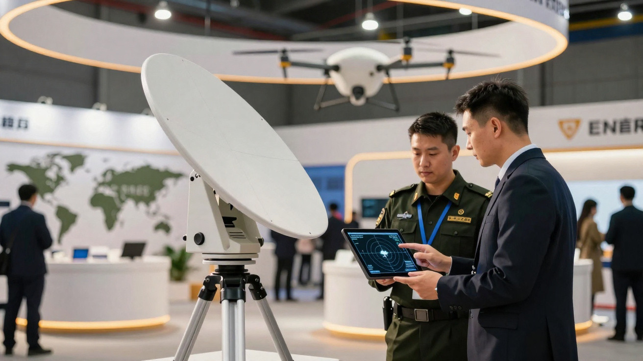 Dois homens, um de uniforme militar e outro de fato, analisam tablet perto de antena parabólica em feira tecnológica indoor.