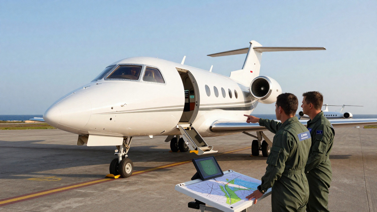 Dois pilotos em fato verde analisam mapas ao lado de jato executivo branco estacionado numa pista de aeroporto.