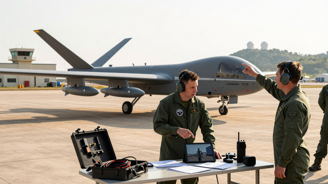 Dois militares com fones de ouvido, mesa com equipamentos e um drone militar cinzento numa pista de aeroporto.