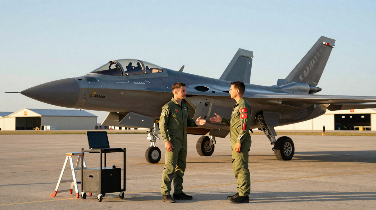 Dois pilotos militares cumprimentam-se em frente a um caça estacionado num aeroporto ao pôr do sol.