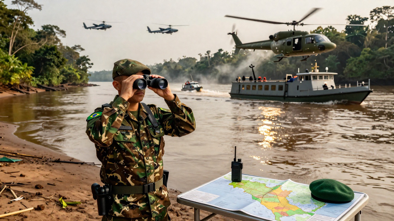 Soldado em farda camuflada com binóculos na margem do rio, helicópteros e embarcações ao fundo numa operação.