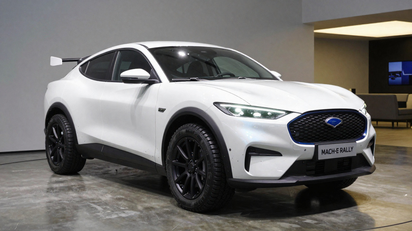 Carro elétrico branco Ford Mach-E Rally estacionado em piso polido num interior moderno.