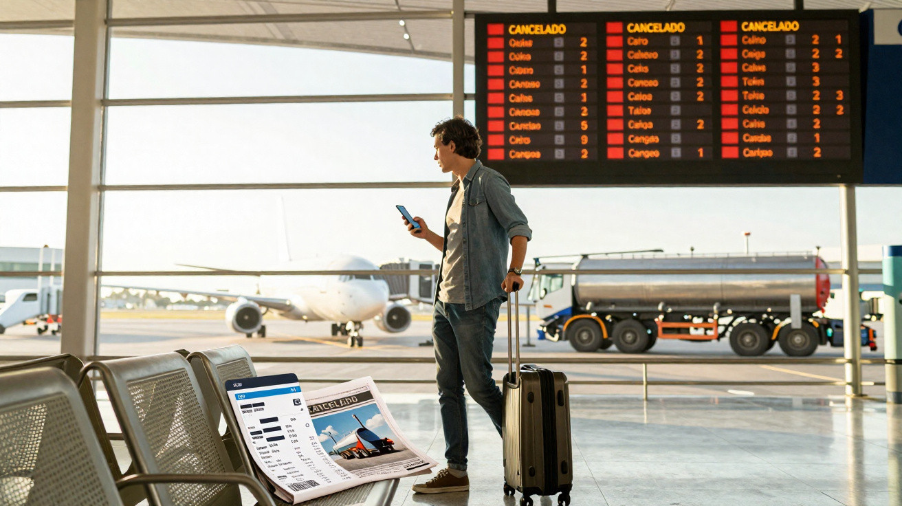Homem com mala no aeroporto observa ecrã com voos cancelados junto a janelas com avião na pista.